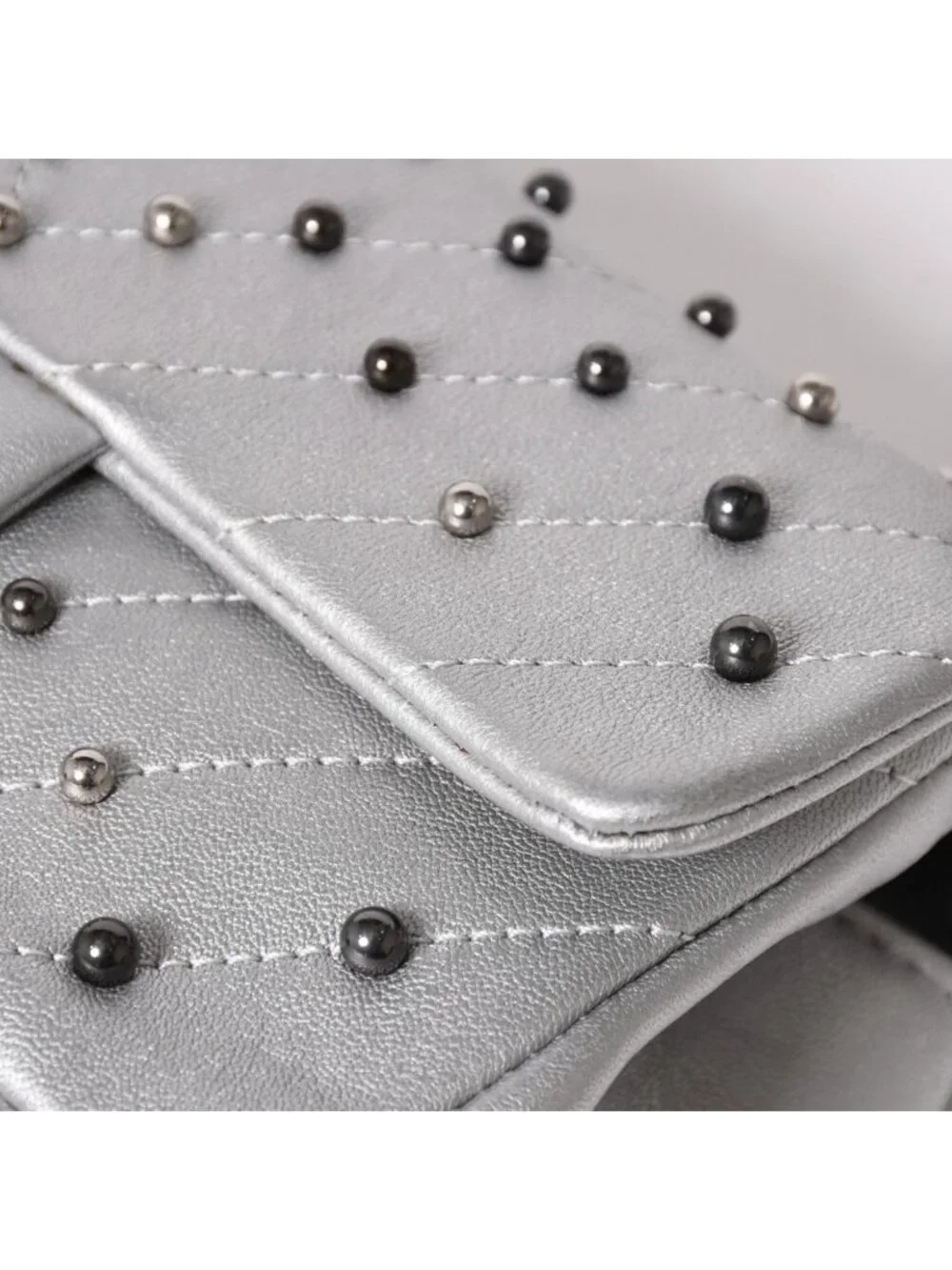 Chanel Chevron Stud Wars Chain Shoulder Bag CC Logo Calfskin Silver